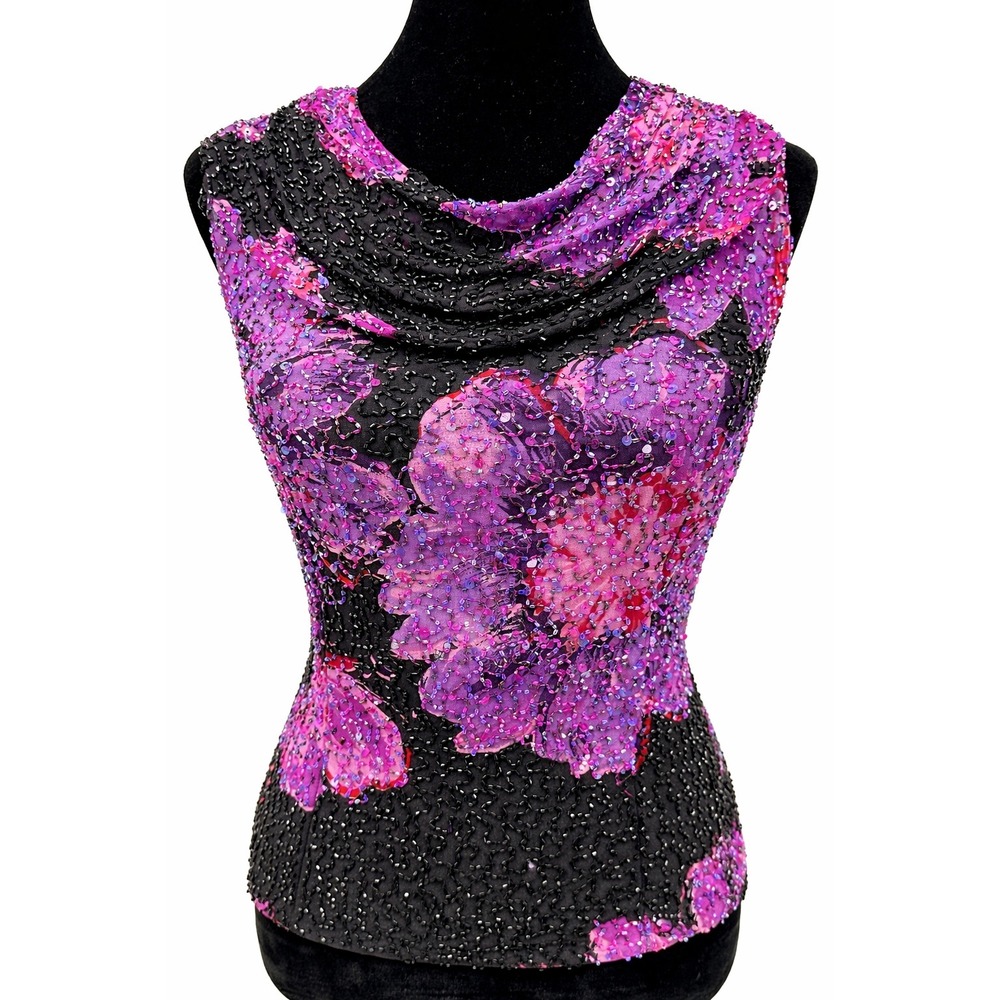 Andretta Donatello Womens Evening Wear Draped Blouse Size XL Black Beaded Floral